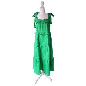 TCEC Kelly Green Midi Dress Size L 100% Cotton Tiered Skirt Shoulder Ties NEW